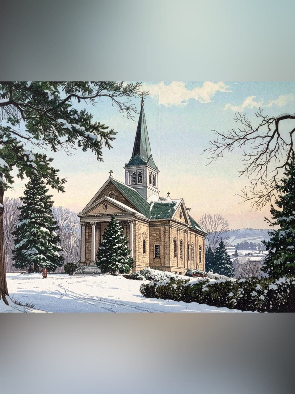 Winter Chapel Art Print - Green and Cream Home Art Print